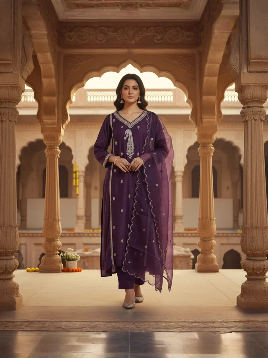 ZIVA Royal Plum Embroidered Suit Set